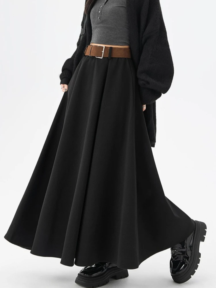 تنورة طويلة سميكة عالية الجودة للنساء لخريف وشتاء 2025 تنورة عالية الخصر مع حزام عتيق أنيق بقصة ضيقة ملابس الشارع Faldas جديد