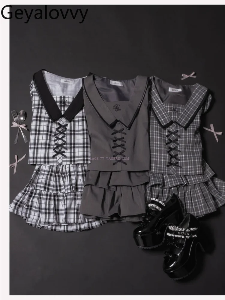 

Japanese Style Original Sweet Embroidery High-End Navy Collar Puff Short Sleeve Top High Waist Mini Puff Skirt Two-Piece Set