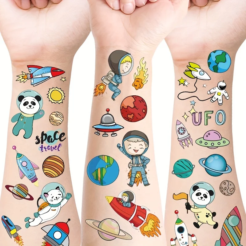 12 Sheets Space Themed Temporary Tattoos, Waterproof Cartoon Astronaut Planets Spaceship Rocket Tattoos, Biry Art Stickers Decor