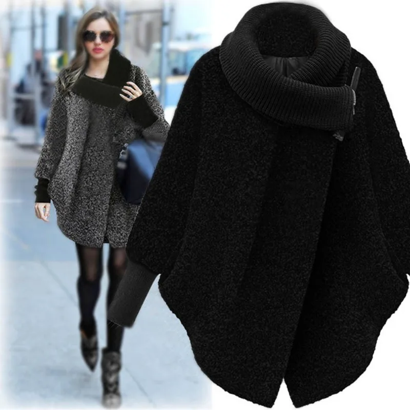 Fashion Women's New Winter High-neck Woolen Coat Loose Loose Warm Long-sleeved Woolen Coat New Female Solid Color Spliced Jacket