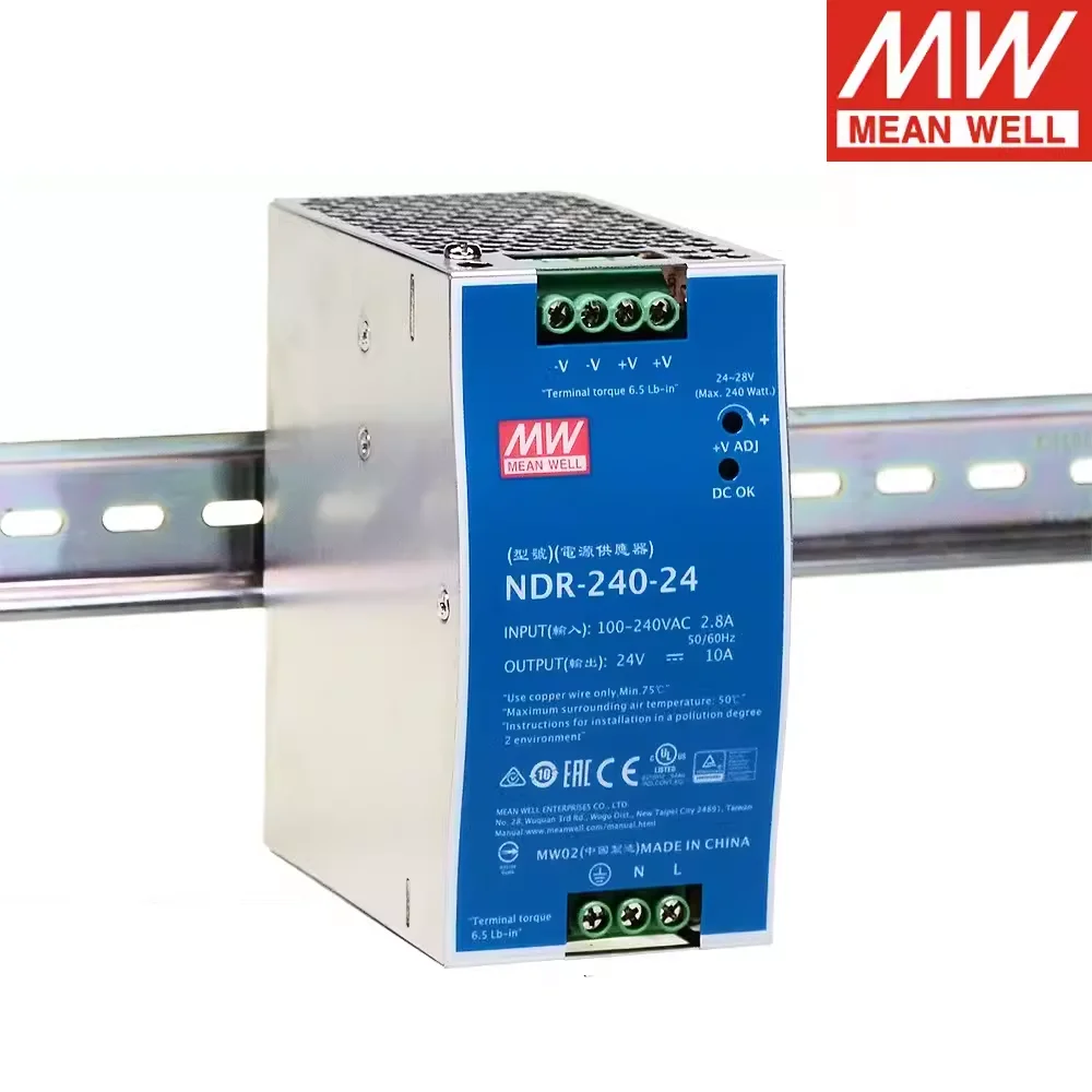 Original MEAN WELL NDR-240-48 75W 120W 240W Industrial 12v 24v 48v 5a 10a Din Rail Slim Power Supply with PFC