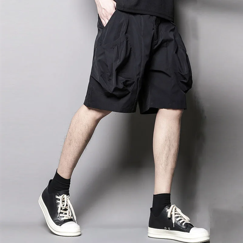 Men's Black Loose Shorts Japanese Fashion Trend Design Personalized Pocket Casual Overalls Casual Capris