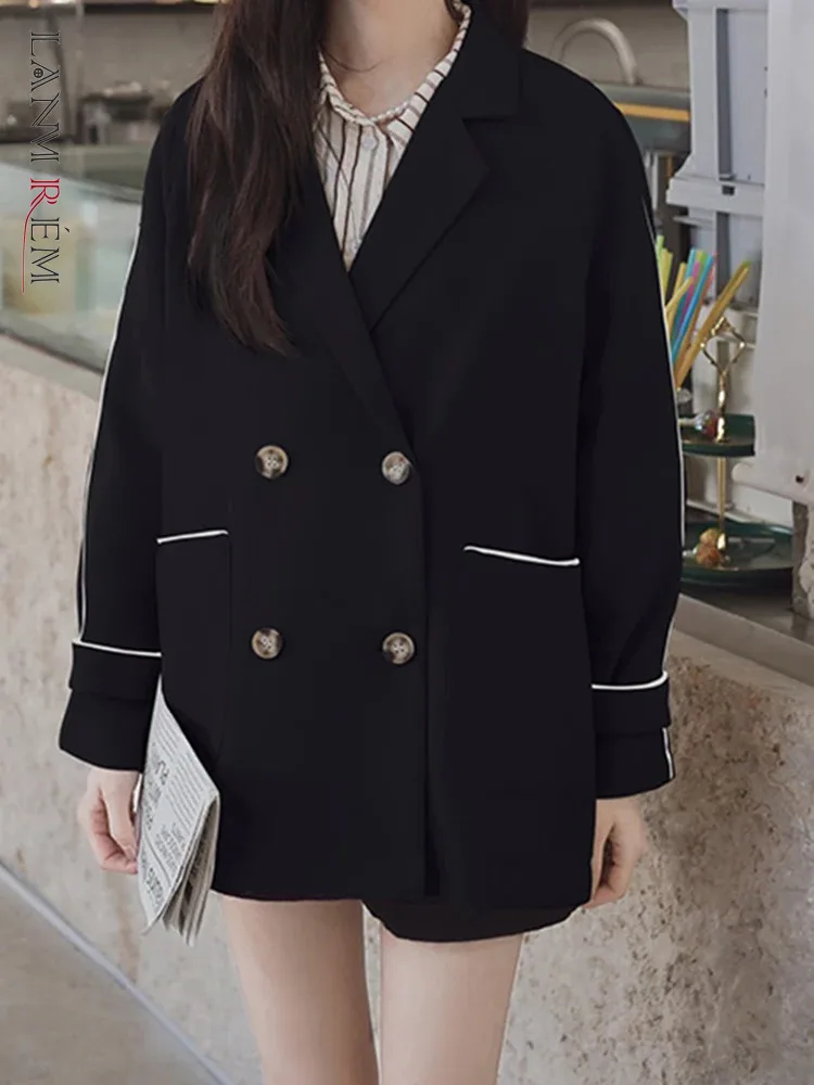 LANMREM Office Lady Blazer Women\'s Notched Long Sleeves Double Breasted Contrast Color Coat 2024 Autumn New Clothing 2Z2364