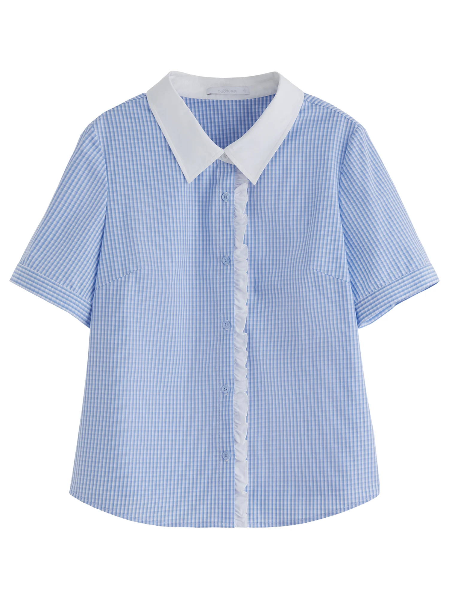 DUSHU grande taille Style rétro bleu Plaid chemise à manches courtes 2025 été nouveaux hauts Lyocell dentelle couture Chic chemise 25DS82388