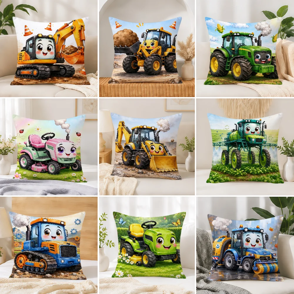 Art Tractor Bulldozer Loader Cute Fun Kid Cushion Cover Soft Double Sided Pillowcase Gift Sofa Home Living Room Hogar Bed Decor