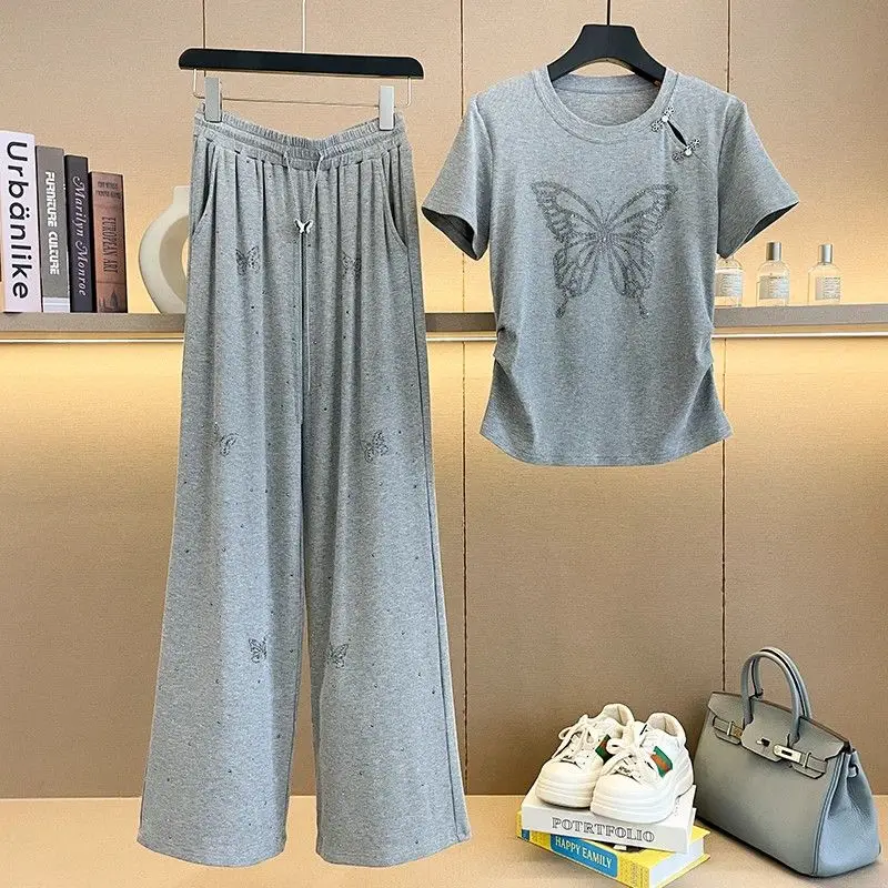

Grey Rhinestone Casual Sports Suit for Women Summer Style Slimming Short Sleeved High Waisted Wide Leg Pants Two-piece Set