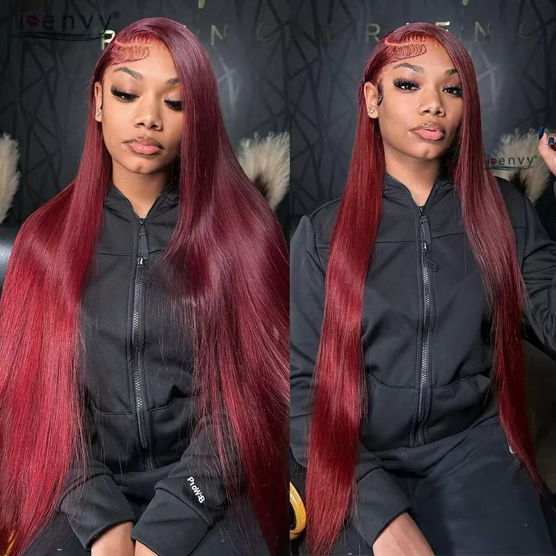 34 36 Inches straight 99J Burgundy 13x6 HD Lace Frontal Human Hair Wigs 200 Density Brazilian Red Colored Wigs For Women