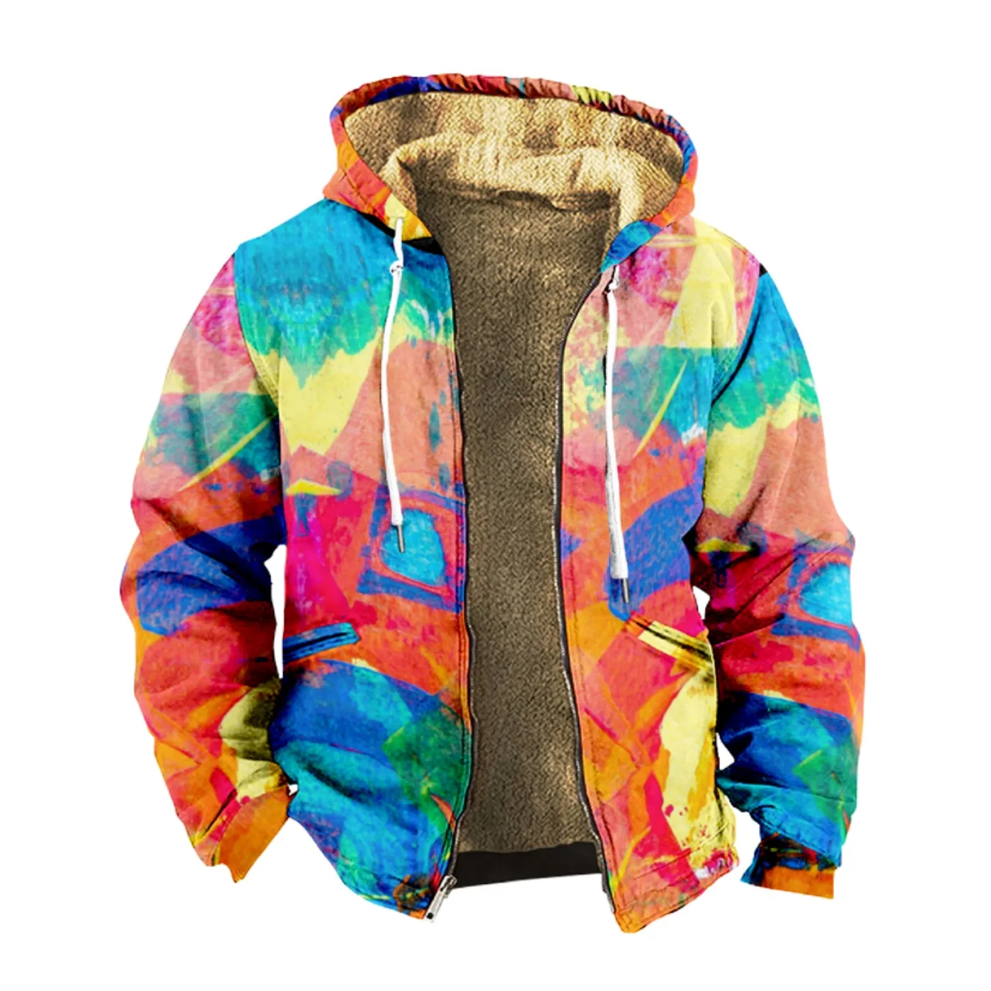 Men's and women's thick wool hooded double-layer jackets,abstract printed street zippers for winter autumn,keeping warm outdoors