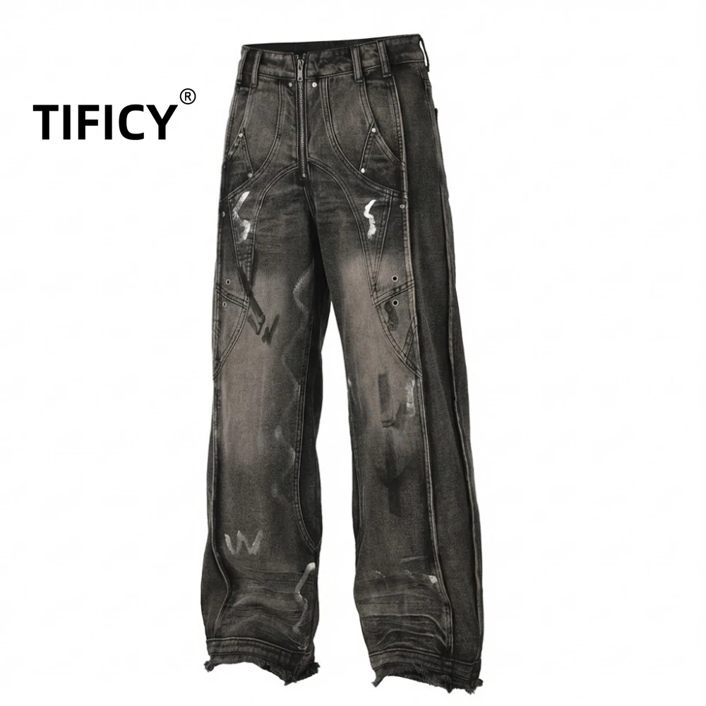 

High Street Spring New Personalized Patchwork Jeans Pants Men's Heavy-duty Graffiti Retro Wide Leg Streetwear Denim Pants