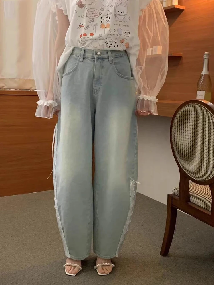 ZHISILAO Fliege Breites Bein Gerade Jeans Frauen Vintage Hellblau Denim Hosen Streetwear Frühling Sommer 2025