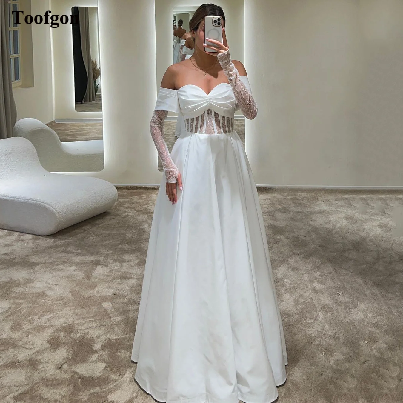 

Toofgon Ivory A Line Prom Dresses Lace Long Sleeves Bones Off The Shoulder Wedding Dress Women Party Gowns Formal Evening Gown