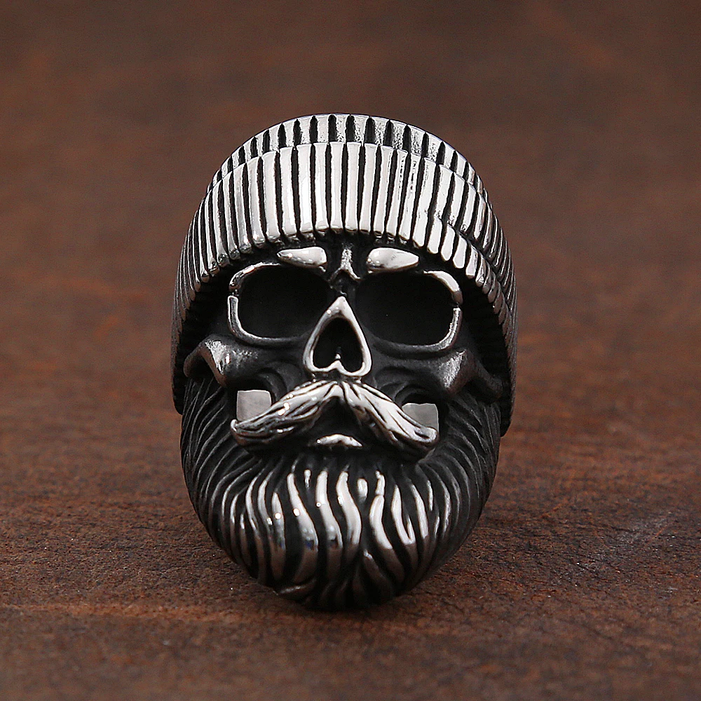 Vintage Hat Big Beard Skull Ring for Men Gothic Stainless Steel Skull Rings Punk Hip Hop Biker Amulet Jewelry Gift Wholesale