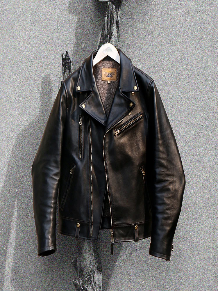 

YR!Free shipping.Classic Moto Rider genuine leather coat.Luxury thick cowhide jacket.Slim fit Cidu Brand cloth.Heavy