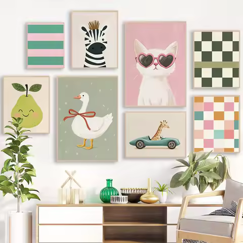 Room Prints Wall Art Baby Animal Cat Goose Giraffe Murals Playroom Bedroom Decoration Safari Nursery Decor Poster Kids