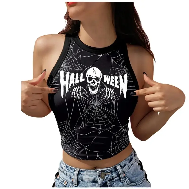 

Halloween Tops Black Grphic Tank for Women Sleeveless Sexy Crop Top Fashion Sexy Slim Vest Summer Streetwear Gothic Y2K Clot