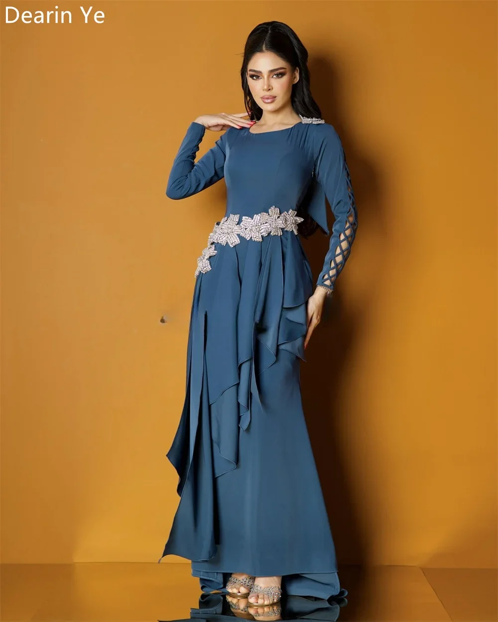 Customized Saudi Arabia Formal Gown Dearin Scoop Neckline A-line Floor Length Skirts Fold Layered Draped Open Back Bespoke Occas