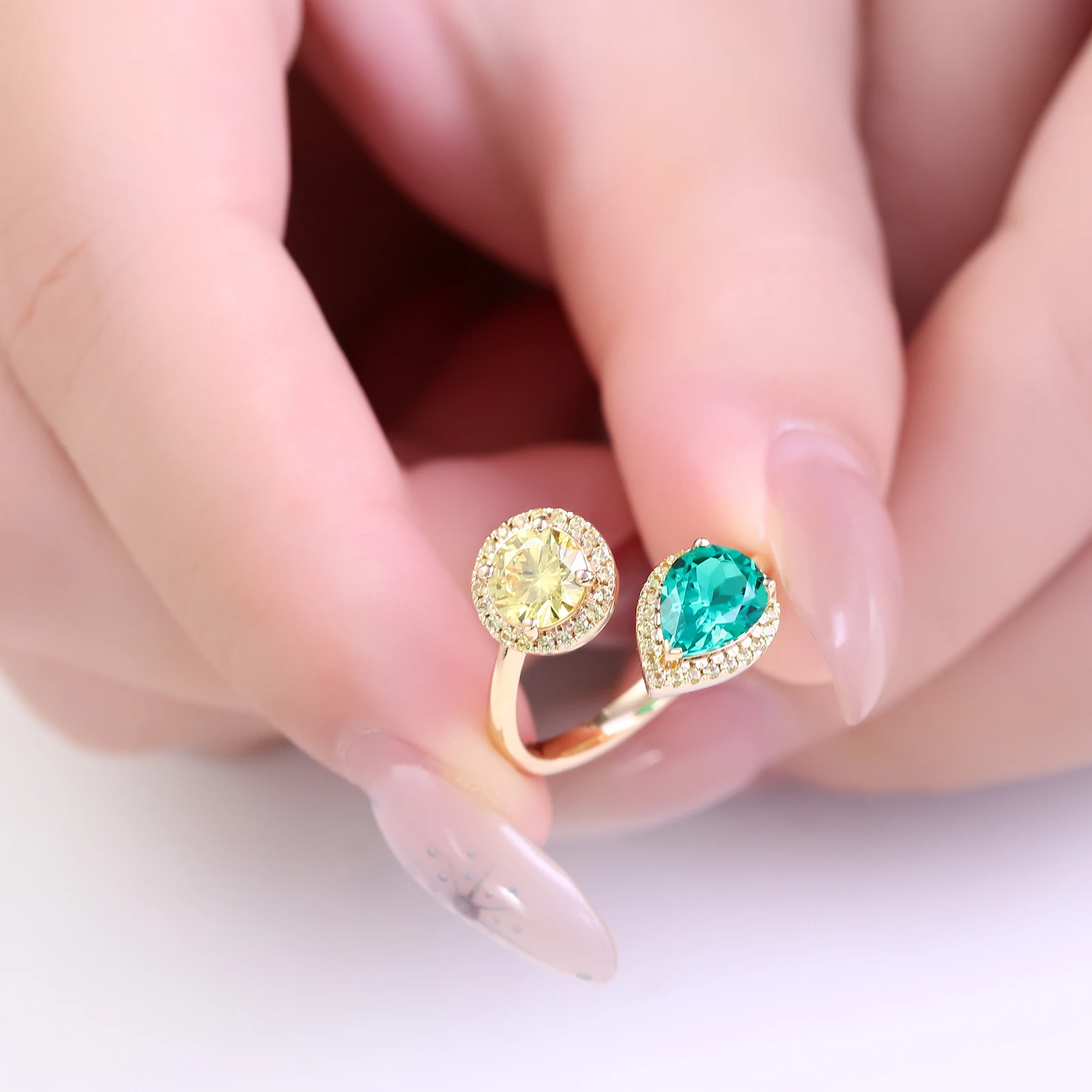 خواتم بروفانس toi et moi بلونين من الأحجار الكريمة للمختبر 10K خاتم هالة ذهبي صلب مفتوح الأطراف خاتم زفاف فاخر للنساء مخصص #6