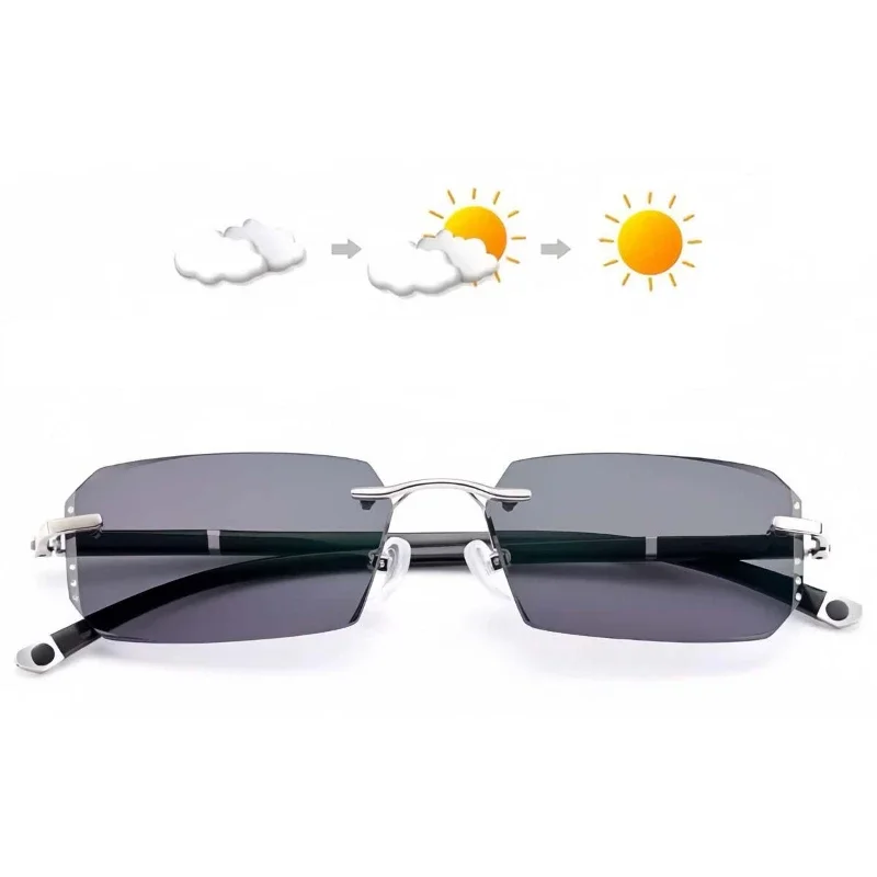 Luxury Outdoor Photochromic Reading Glasses Men Women UV Protection Far Sight Glasses Diamond Cut Rimless Presbyopia 0+1.0+4.0
