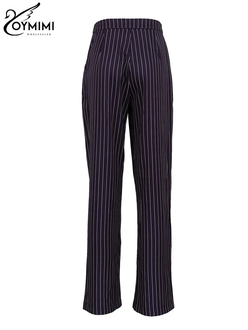 Oymimi Elegant Black Striped Print Women Pants Fashion Mid Waisted Straight Trousers Casual Office Full Length Pants Female