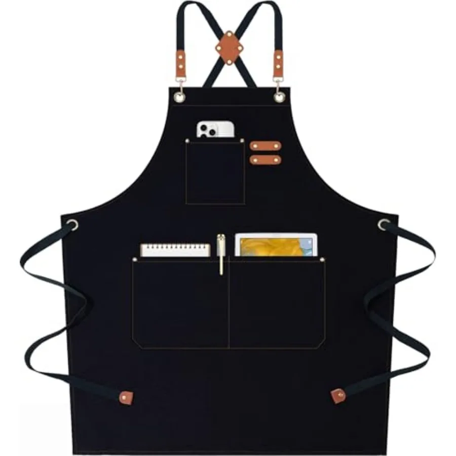 

Chef Aprons for Women Men with Oversized Pockets, 12-Ounce Cotton Canvas Cross Back Water Repellent Apron