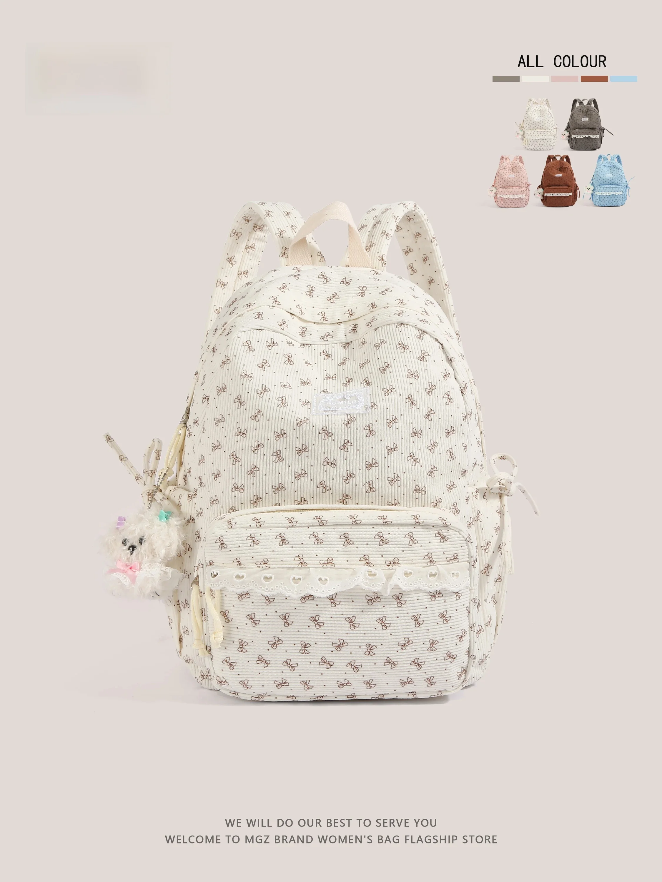 Cute  Knot Corduroy Backpack for Girls High School College Students Commuting Double Shoulder Bag New Arrival