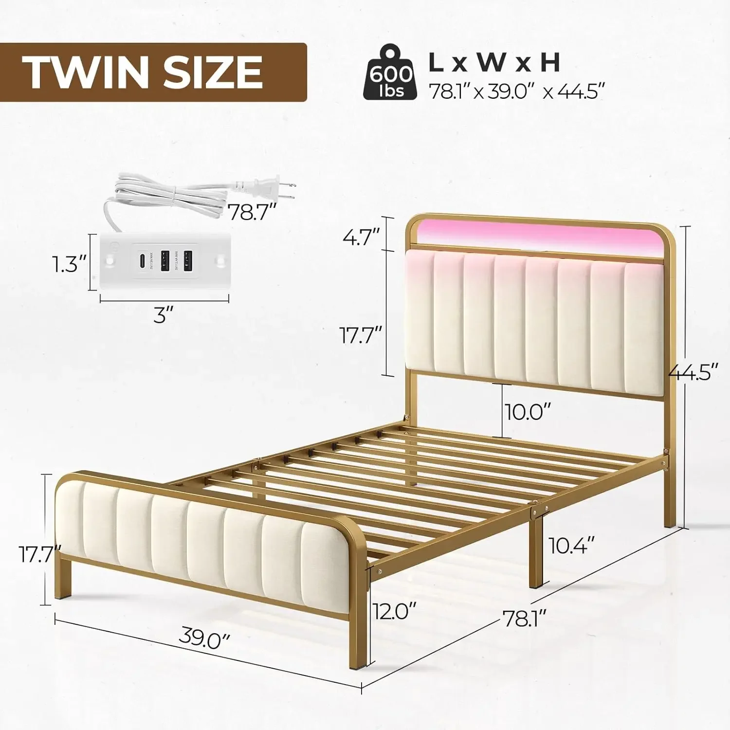 Twin Size Bed Frame with LED Light and Charging Station, Upholstered Headboard and Footboard, Metal Slat, Noise Free,