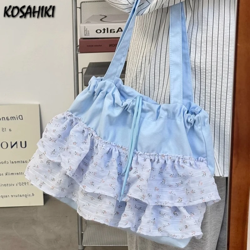 

Fashion Sweet Y2k Flower Print Shoulder Bags Casual All Match Chic Office Lady Women's Handbags Drawstring Pleated Underarm Bag