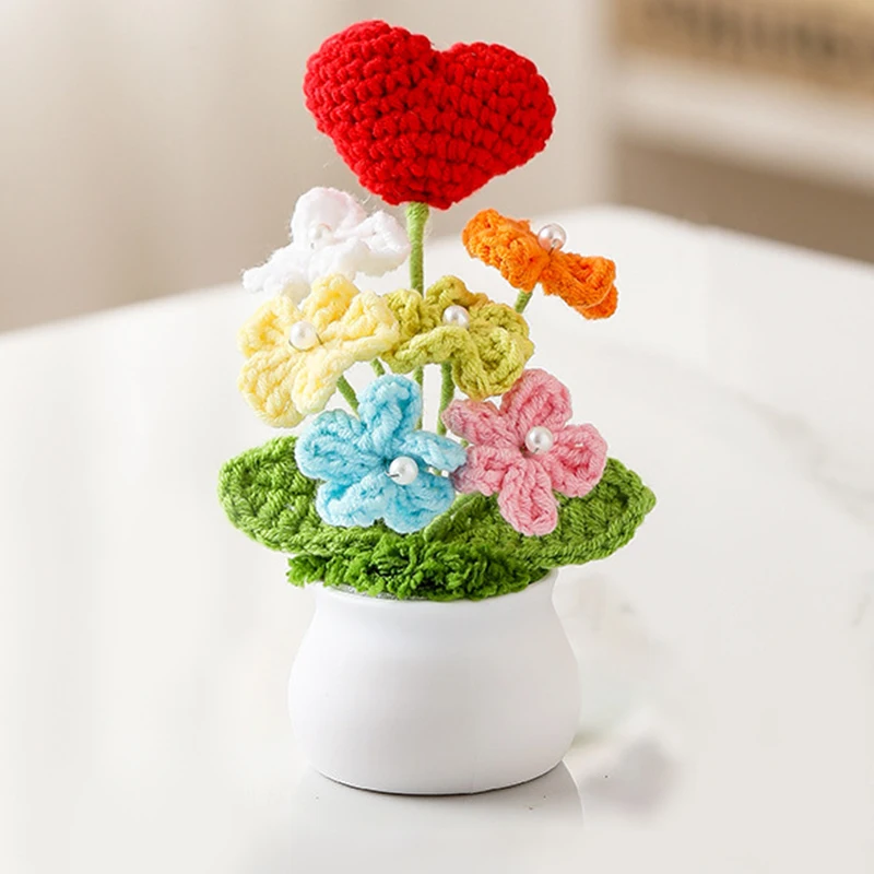 Handmade Flowers Plant Potted Simulation Flower Potted Plants Knitted Finished Flowers Home Garden Decoration Wedding Guest Gift