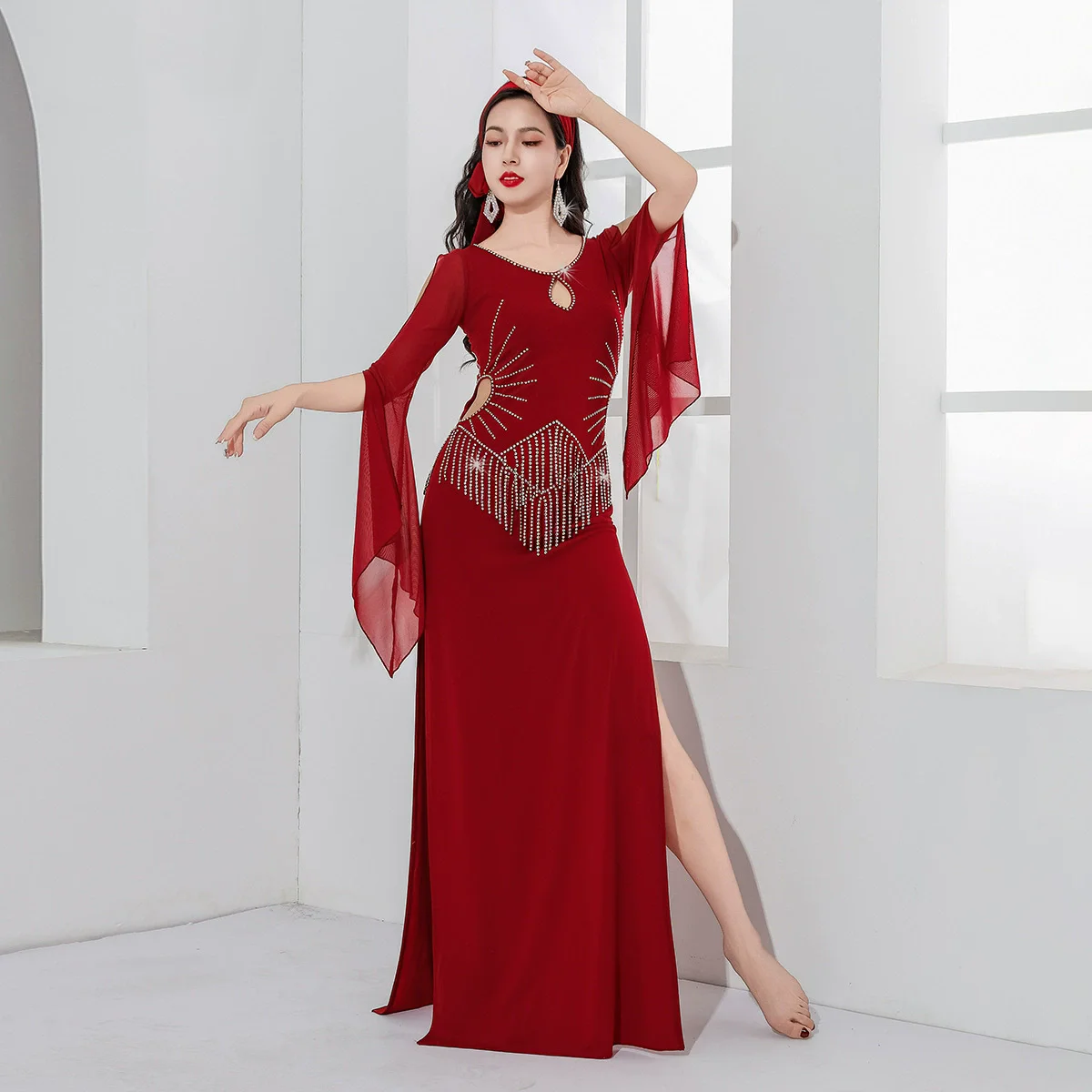 Adulto desempenho dança wear feminino meia manga saidi shaabi baladi traje robe vestido de dança do ventre com strass borla