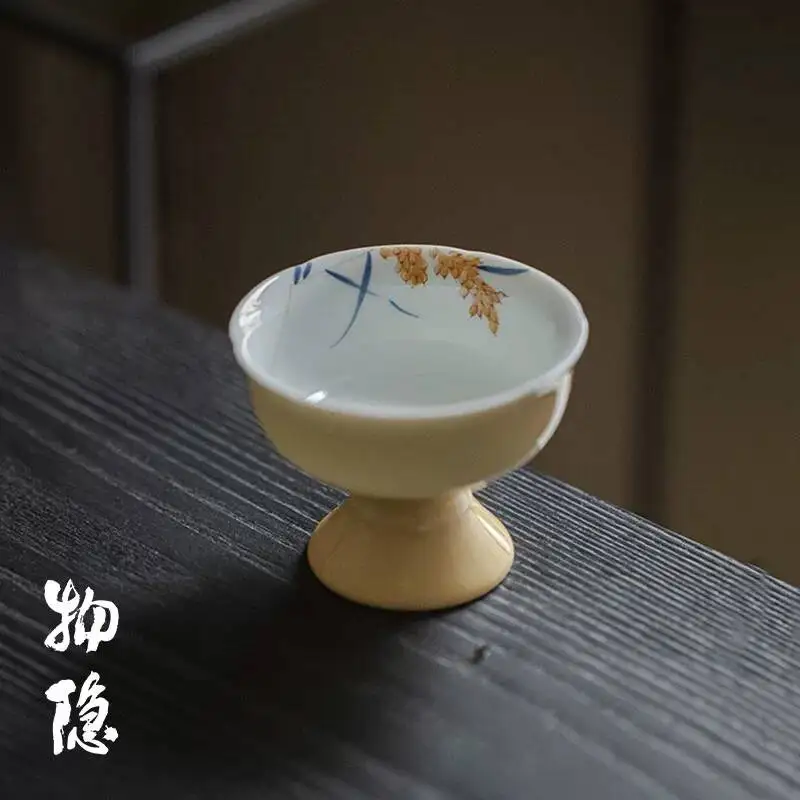 Wuyintang apricot Yellow Hand Painted Wheat Spike Master Single Ceramic High Footed Tasting Cup Opening Gift Tea Set