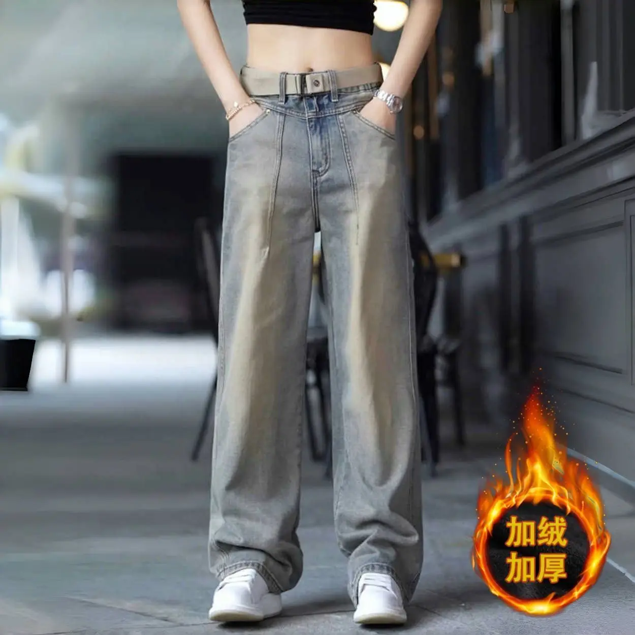 

New 2026 Luxury Brand Men Jeans Splicing Jeans Men's Velvet Thickened Loose Wide-leg Pants Trendy Brand Retro Straight Trousers