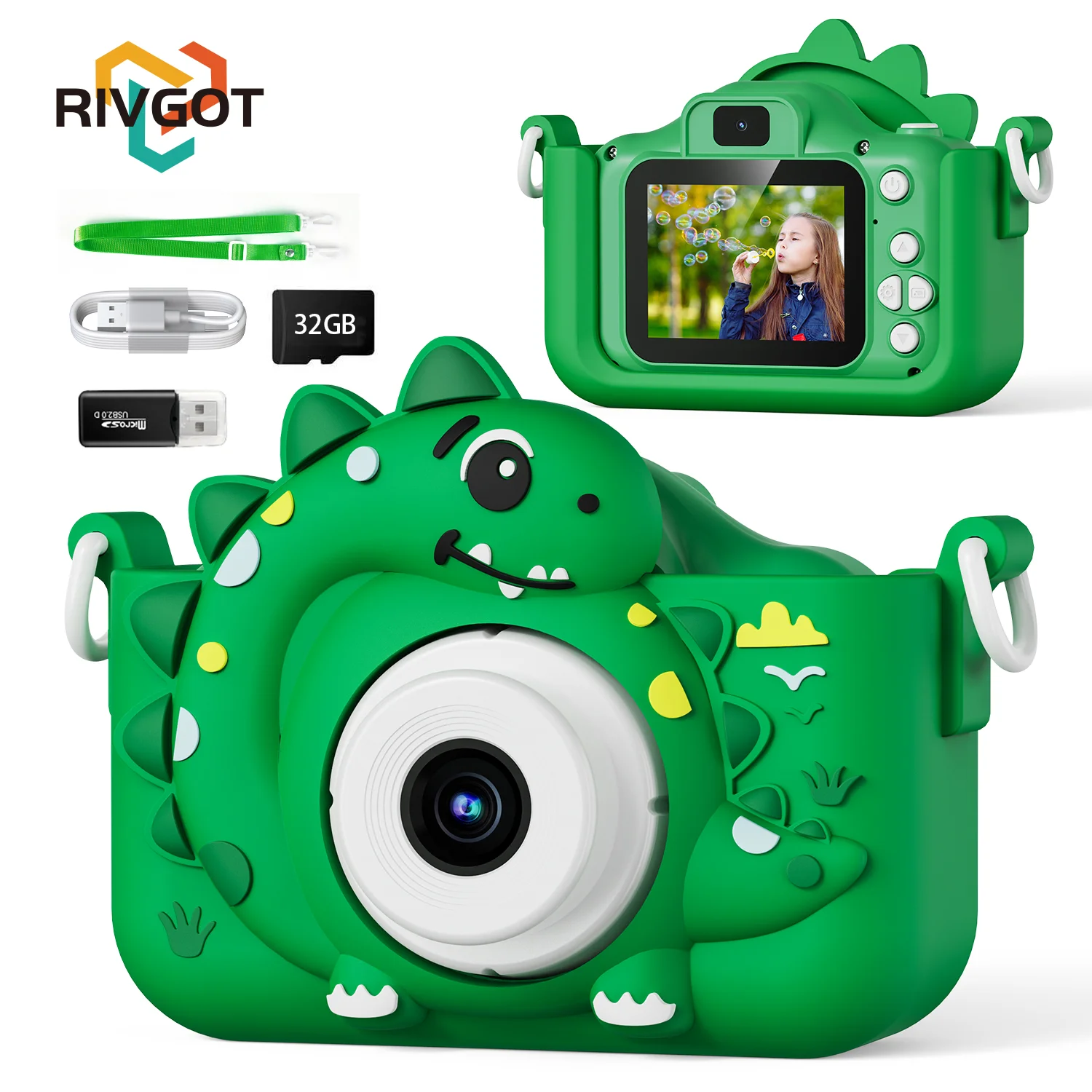 Kids Digital Camera with 32G Card Toy Girl Boy 1080p Hd Screen Outdoor Cartoon Dinosaur Camera Photography Video Birthday Gifts