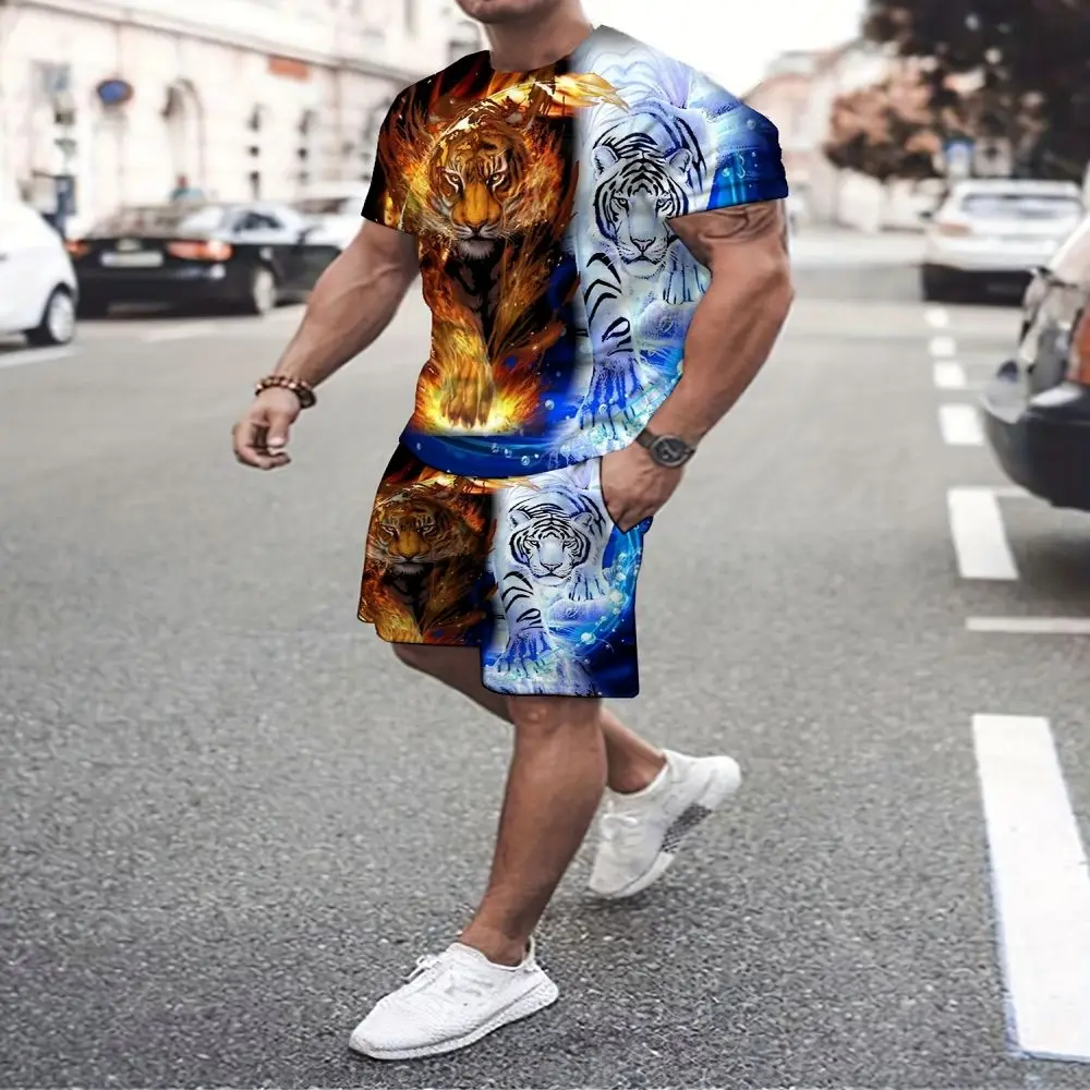 Men Tshirt Set 3d Print Animal Eagle Tiger Lion Men Woman Round Neck T-Shirt Shorts Two Piece Set Oversize Casual Man Clothing