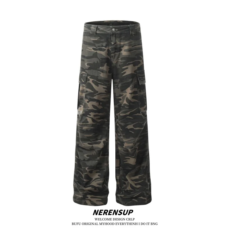 

NERENSUP Американские камуфляжные брюки в стиле ретро, мужские свободные широкие прямые брюки, повседневная рабочая одежда для пар, брюки-карго