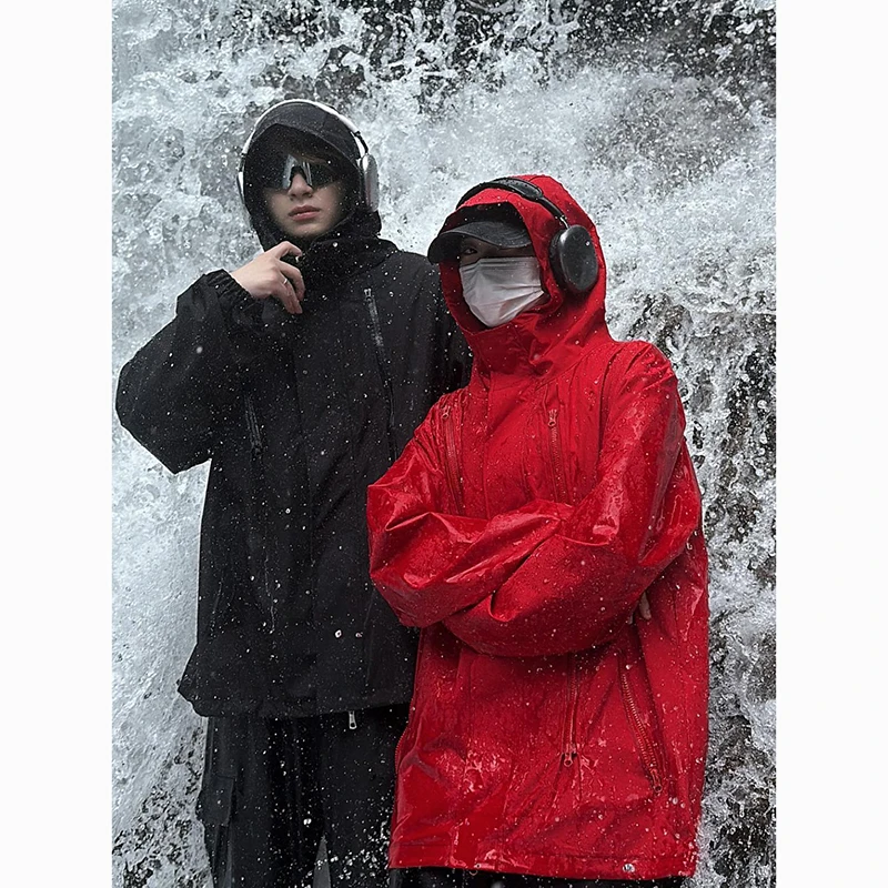 Czerwona Wiatroodporna Wodoodporna Kurtka Męska Outdoorowa Wiosenno-Jesienna Elegancka z Kapturem Podróżna Wspinaczkowa Parka Casual Luźny Krój P...