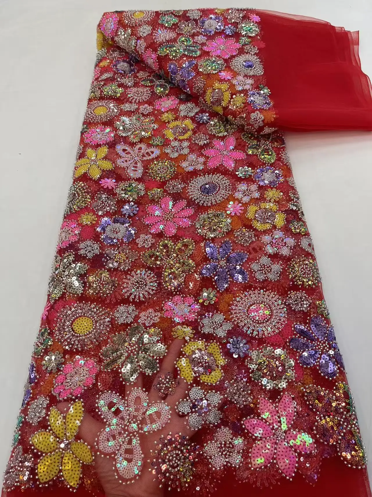 Nigerian Lace Fabric 5 Yards High Quality 2026 African Blue Fabric Luxury Beaded Fabric Luxury Beaded Fabric For Dresses Hm225-1