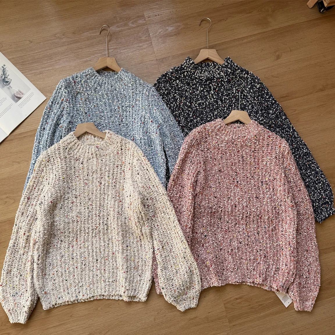 

Casual round Ne Knitted Sweater Flower Tead Aosphere Feeling Loose Fit Warmth Heating Function Long Sve Aut...