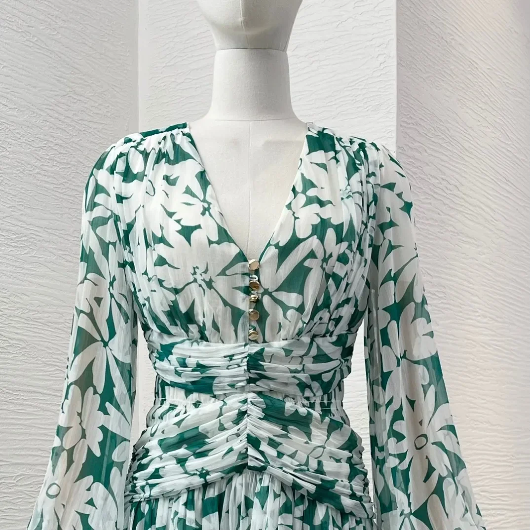 

Women's Mini Dress 2024 Spring Summer Green Floral Print Long Lantern Sleeve Pleat Ruched High Quality V-Neck Vintage New