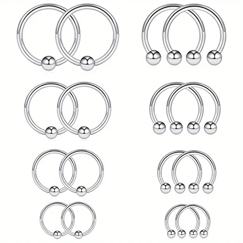 16Pcs Set 6-12mm Men\'s Steel Horseshoe and Captive Bead Nose Hoop Septum Earring Tongue Lip Tragus Piercing Jewelry Rings