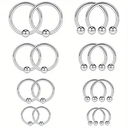 16Pcs Set 6-12mm Men's Steel Horseshoe and Captive Bead Nose Hoop Septum Earring Tongue Lip Tragus Piercing Jewelry Rings