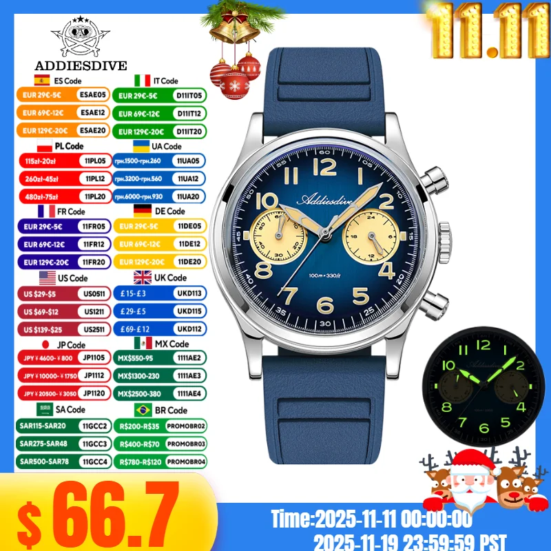

ADDIESDIVE 2025 New Men Watch Bubble Mirror Glass 316L Steel AD2516 Blue Luminous 10Bar Waterproof Chronograph VK64 Quartz Watch