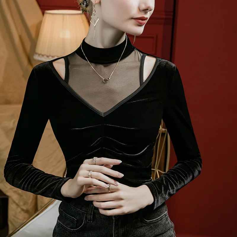 #4353 Black Velvet T Shirt Women Split Joint Mesh Hollow Out Sexy Skinny T Shirt Ladies Long Sleeve Women T-shirt Stand Collar