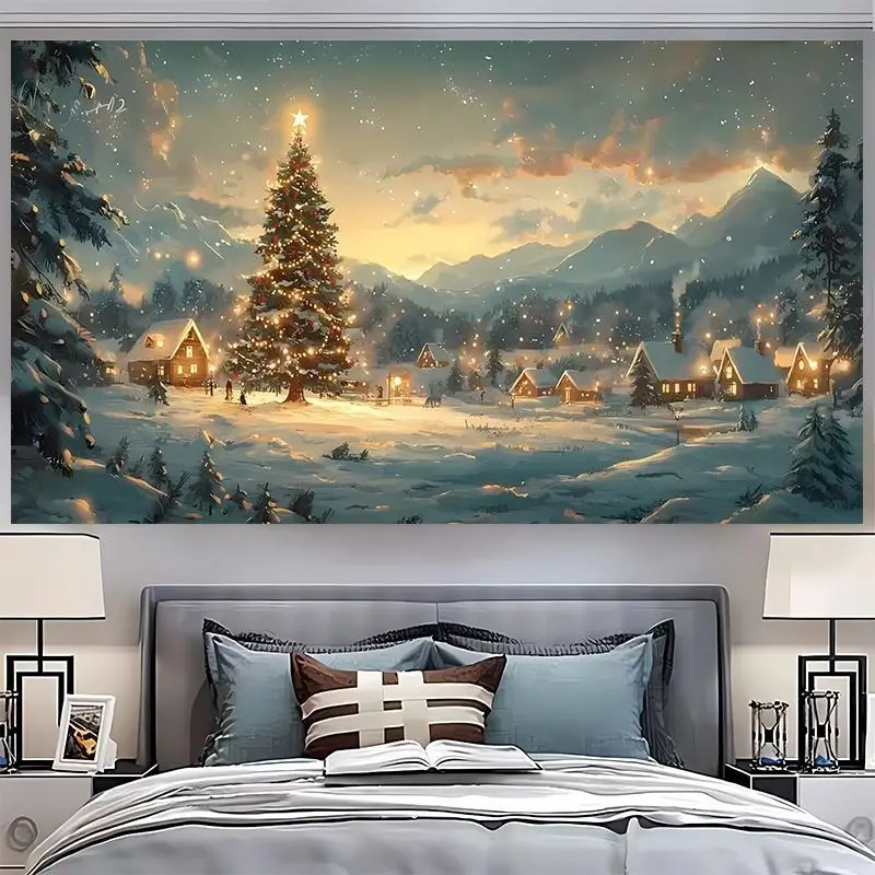 VIKAMA Christmas Attic Snow Mountain Wall Tapestry Anime Style Big Window Tree Fireplace Gift Warm Light Cozy Holiday Home Decor