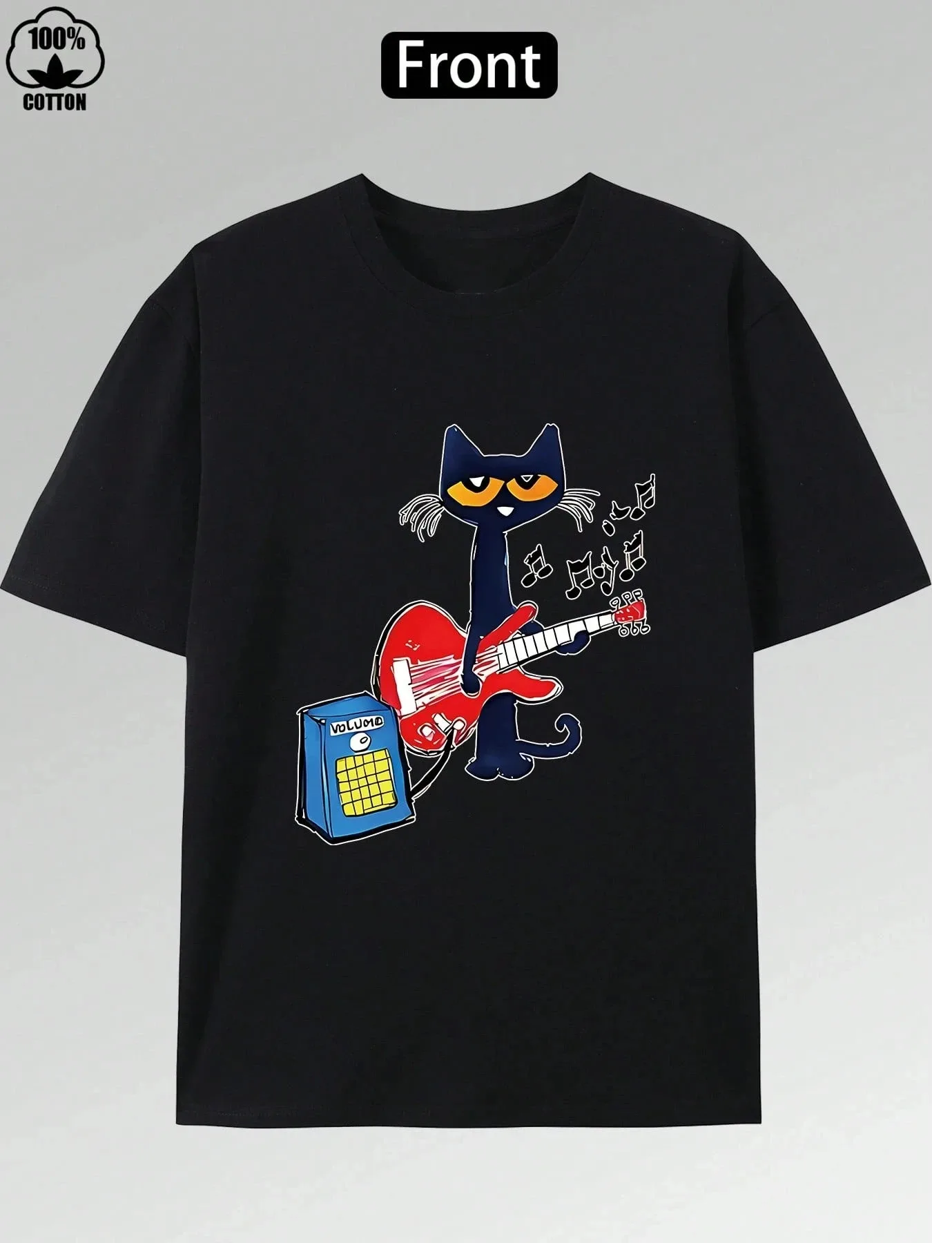 

Vibrant Music Guitar Kitten Print T-Shirt Pure Cotton Round Neck Top High-Quality Cartoon for Music Enthusiasts and Kitten Fans