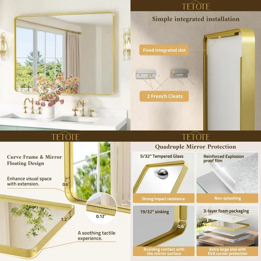 

Косметическое зеркало из закаленного стекла в матовой золотой рамке 40 x 30, настенное крепление для домашнего декора