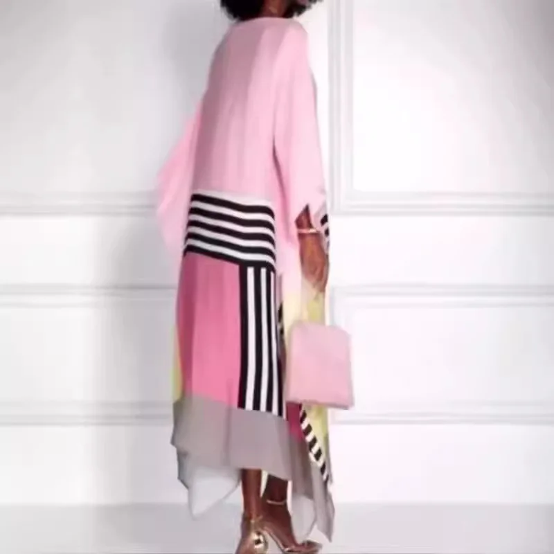 Women's Long Dress With Striped Round Neck Irregular Shape Spring Summer Slanted Shoulders Bat Sleeves Bohemian Long Dress