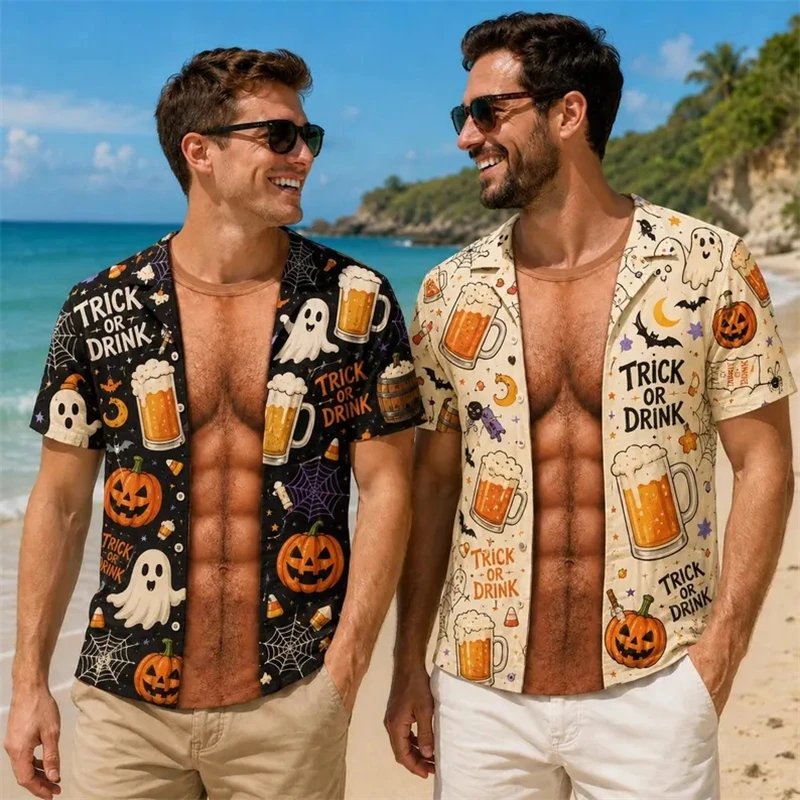 Funny Fake Muscles Halloween T Shirt For Men Summer Fashion Pumpkin Ghost Beer 3D Printed T-shirt Loose Breathable Vacation Tops