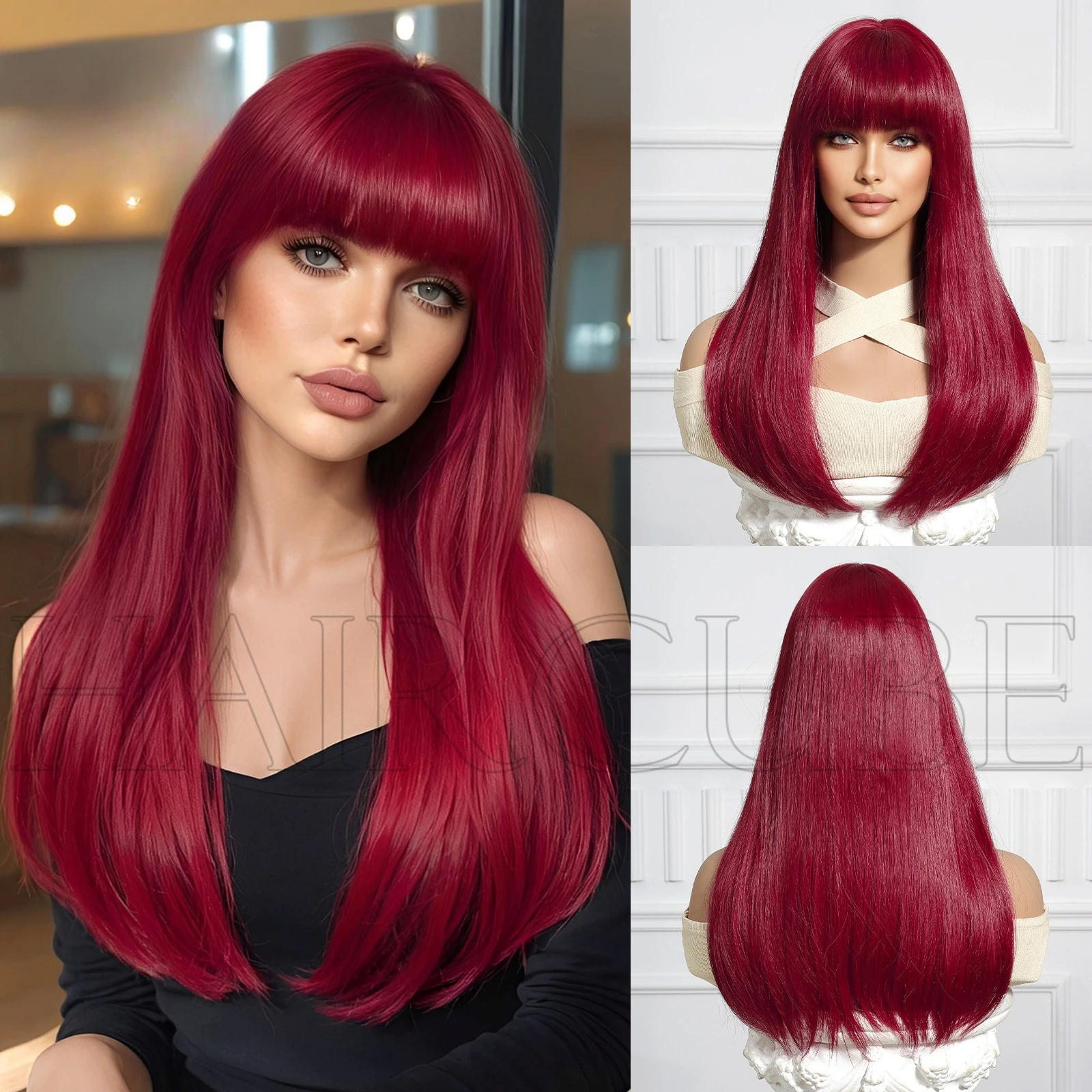 

wig burgundy long straight hair headgear European and American fashion long hair Halloween Qi bangs festive atmosphere wig