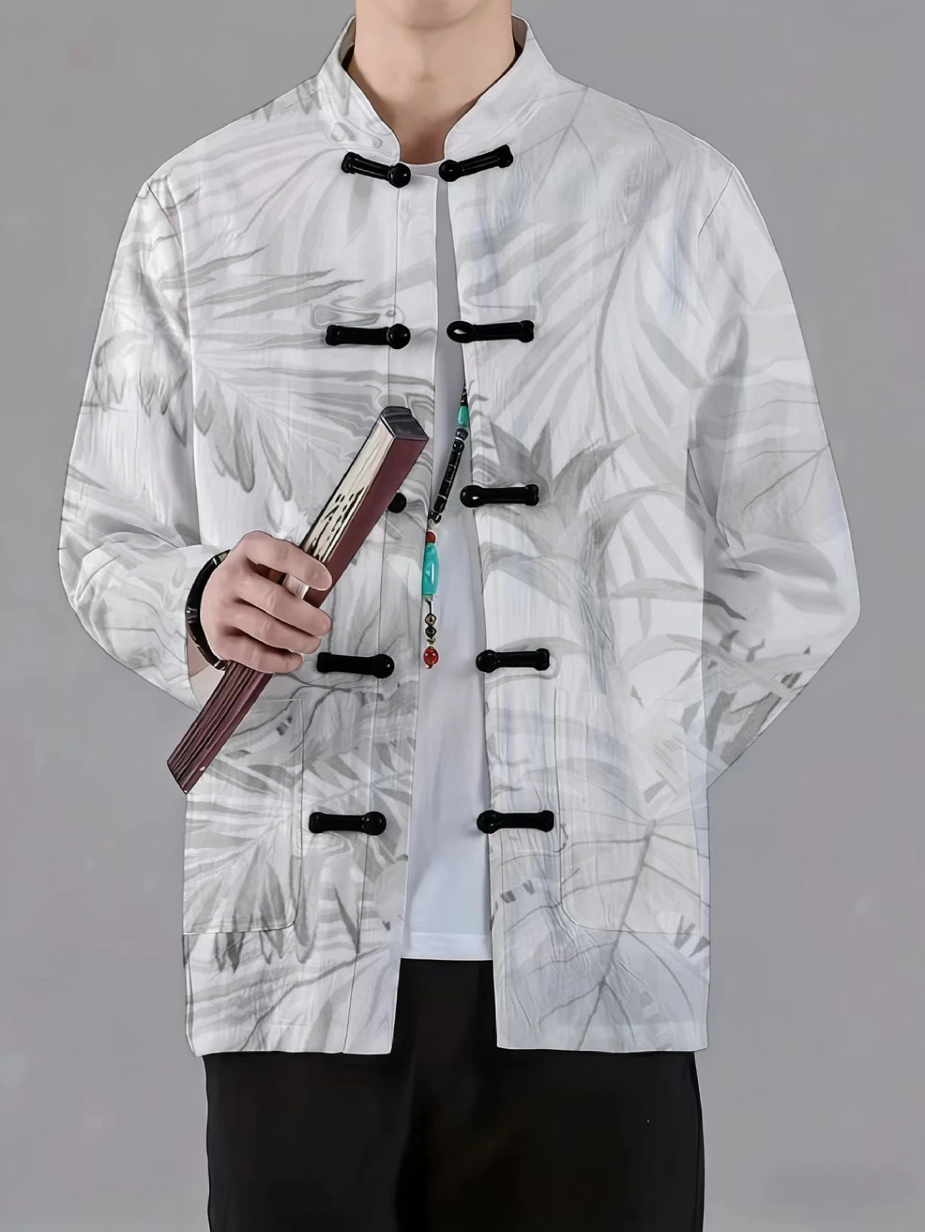 Men Mandarin Collar Frog Button Long Sleeve Jacket Chinese Butterfly Floral Leaf Art Print Casual Outerwear With Side Pockets
