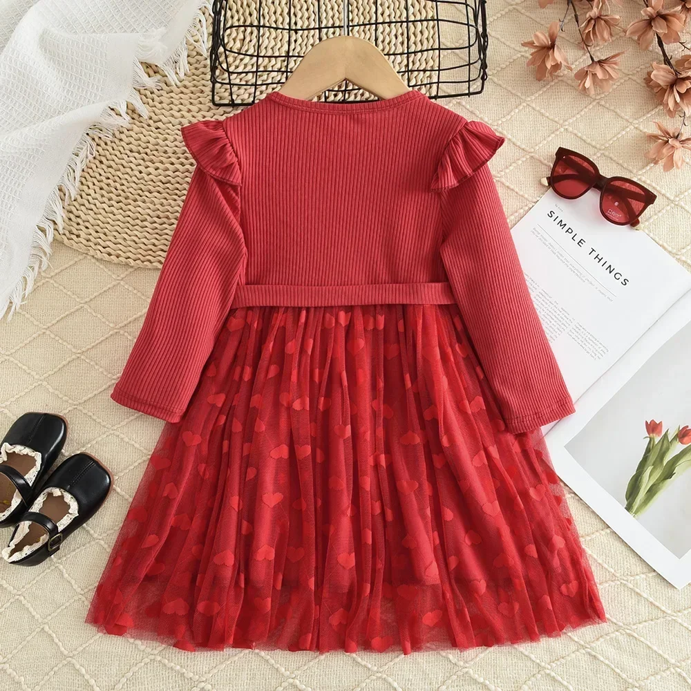 2024Autumn New Christmas Style Girls' Dress Red Love Mesh Splicing Long Sleeve Comes with Belt Party Dress New Year's Gift Dress